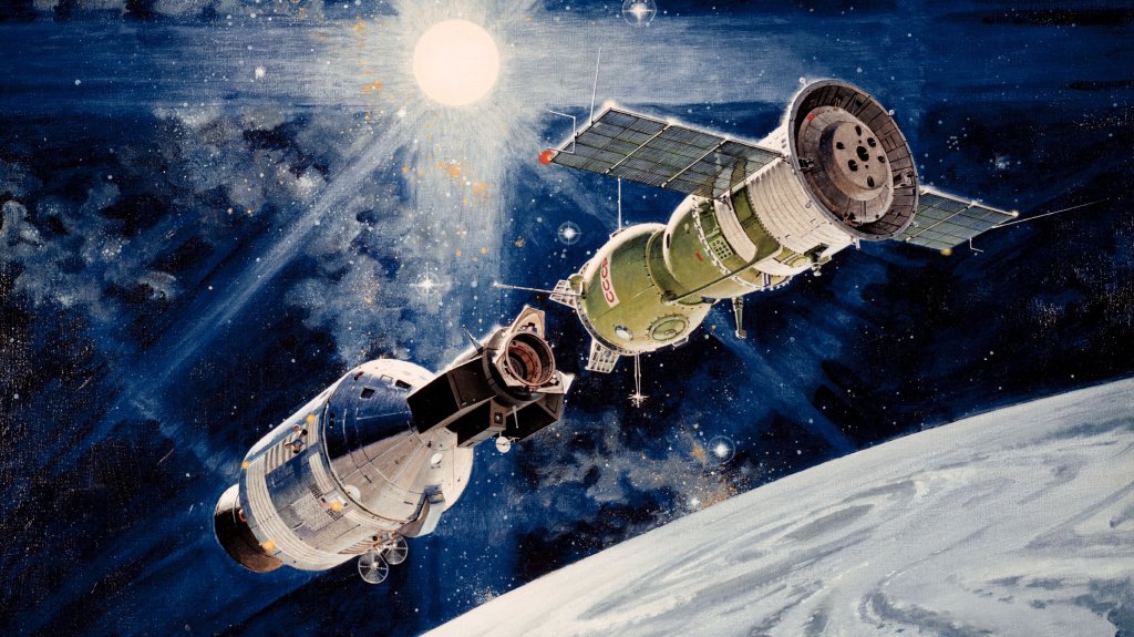 Artist depiction of the Apollo-Soyuz mission from 1975.
