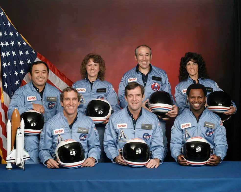 Commander Dick Scobee, Pilot Michael J. Smith, specialists Ronald McNair, Ellison Onizuka, Judith Resnik, payload specialist Gregory Jarvis, and teacher Christa McAuliffe.